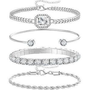 4 Pcs Dainty Silver Bracelets Set For Women 14K Plated Link Cubic Zirconia